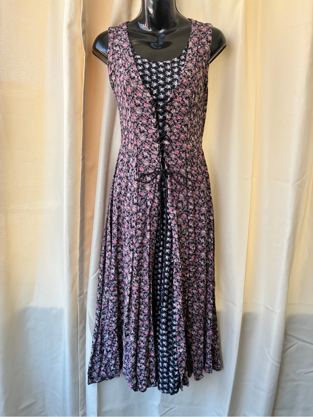Vintage 90s Calico Print Midi Dress Corset Lace-up Coquette Grunge Whimsigoth - Picture 4 of 13
